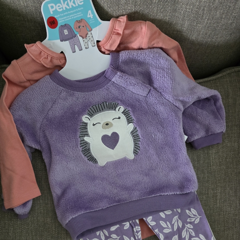 Pekkle Purple Fleece Pink Hedgehog Sweatshirt Bodysuit Leggings 4pc Set 9m NWT